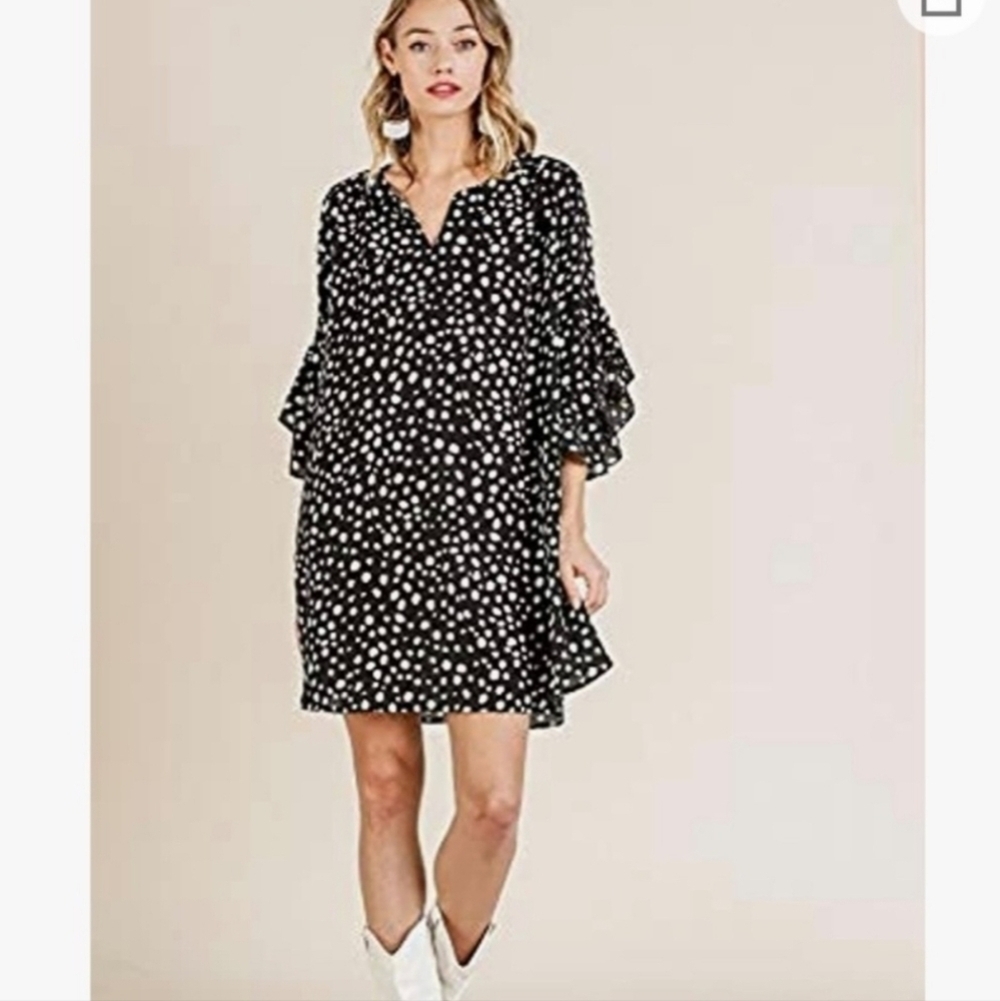 Umgee Usa Black White Polka Dot Ruffle Sleeve Mini Dress Sz L